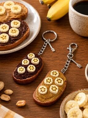 Banana & Peanut Butter or Nutella Chocolate Toast Keychain or Bag Clip Handmade